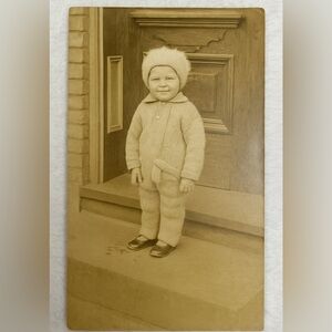 Antique RPPC 1910s Toddler in Knit Winter Suit & Hat Real Photo Postcard